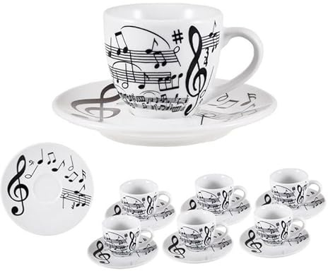 DRW Set 6 tazze con piatto in porcellana decorate con note musicali tazza: 6,5 x 6,5 x 6,5 x 6 cm