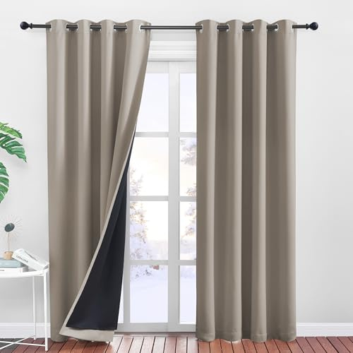 PONY DANCE 2er Ser 100% Verdunklungsvorhänge Thermovorhänge gegen Kälte | Blickdicht, Kälteschutz, Doppellagig, mit Ösen, für Schlafzimmer, Wohnzimmer, Büro, 2er Set H 260 x B 140 cm, Sandfarben
