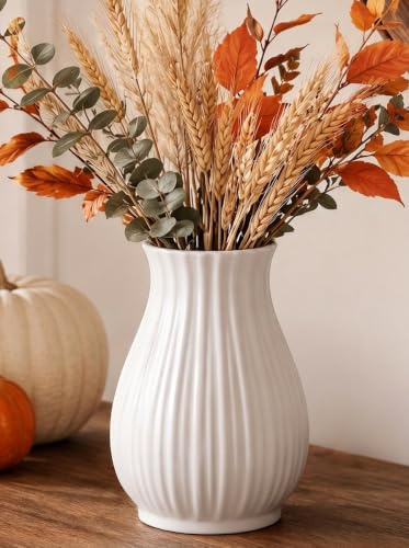 NUPTIO White Vase for Fall Decor: 16cm Tall Ceramic Ribbed Centrepiece | Waterproof, Farmhouse/Boho/Modern Vases for Pampas Grass, Flowers, for Living Room, Kitchen, Window, Shelf, Coffee Table