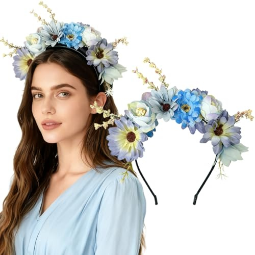Ypkia Blumen Haarreifen Dirndl Haarband Braut Haarkranz Stirnband Damen Mädchen Kopfband für Oktoberfest Hochzeit Karneval Mottoparty(blau)