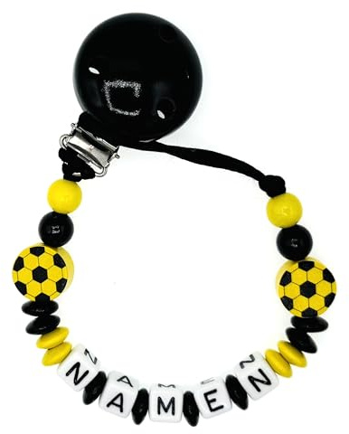 Nuckelkette mit Namen  FUßBALL I LOVE AACHEN  Schwarz Gelb/Baby/Unisex/Personalisiert/HANDMADE
