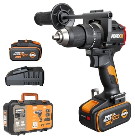 WORX WX356 Akku Schlagbohrschrauber 20V, 85Nm, 13mm Metallbohrfutter | Inkl. 2x 4,0Ah Akku, Ladegerät & Zusatzhandgriff, Brushless Motor, 2-Gang 0–2200 U/min