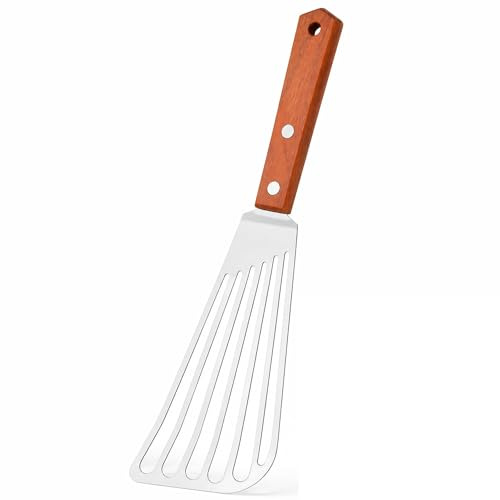 Fish Spatula Stainless Steel Fish Turner | Slotted Metal Fish Slice with Wooden Handle, Non Stick Spatulas for Kitchen Cooking Flipping Eggs Frying Pancakes Burgers