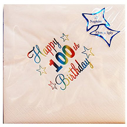 Age 100/100th Birthday - Pack of 15 Party Napkins {White/Multi/3 ply}