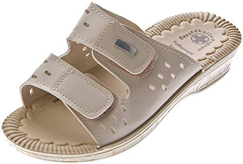 Scandi Damen Clogs Beige Pantoletten Gel Effekt Latschen Gesundheits Schuh Antibakteriell Sandalette Gr. 39