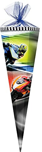 alles-meine.de GmbH Schultüte - Motorradrennen/Motorrad - 50 cm - rund - mit Tüllabschluß - Zuckertüte - mit/ohne Kunststoff Spitze - für Jungen - Rennen/Biker - Fahrsc..