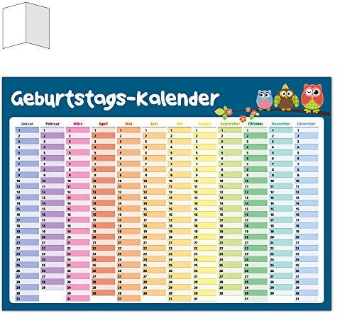 Immerwährender Kalender Eulen/Geburtstagskalender/Dauerkalender/einseitig DIN A3 gefaltet/in tollem Design/Wandplaner/Jahresunabhängig/Hochzeitstage/Happy Birthday Kalender/Planer/Poster