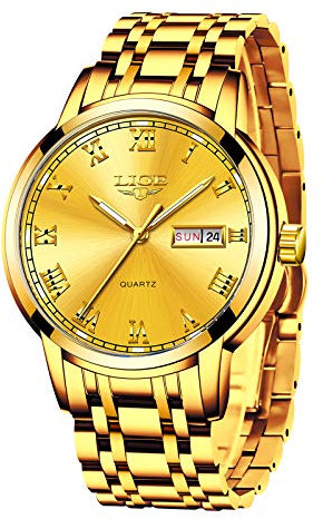 LIGE Montre Homme Quartz Analogique Bracelet Acier Inoxydable Étanche, Gold, Bracelet