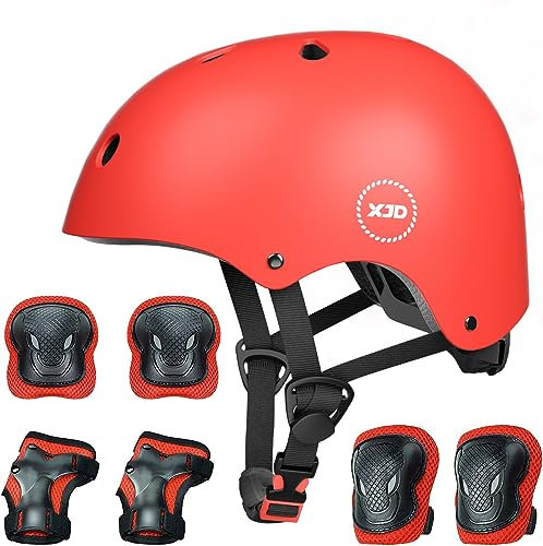 XJD Fahrradhelm Kinder Schoner Set(7er) Kinder Helm mit Knie- & Ellenbogen- & Handgelenkschützer Verstellbarer Schutz Jugend Skaterhelm für 3-13 Jahre Alt (Rot Set, M: 55-57 cm)