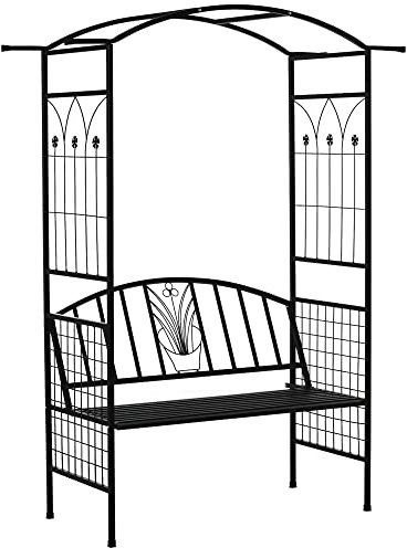 Outsunny Metal Garden Bench with Arch Arbour, Outdoor Patio Loveseat Bench Seat with Rose Trellis Pergola Climbing Plant Archway Tubular - 154L x 60W x 205Hcm