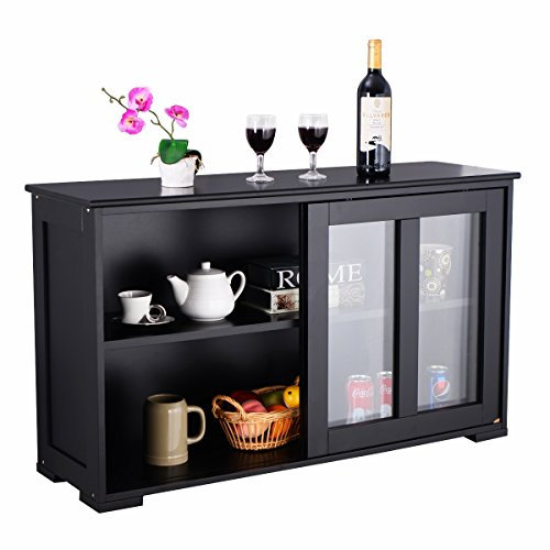 RELAX4LIFE Sideboard mit 2 Schiebetüren aus Glas, Anrichte für Wohnzimmer & Flur & Büro & Küche, Flurschrank mit höhenverstellbarem Einlegeboden, Küchenschrank aus Holz (Schwarz)