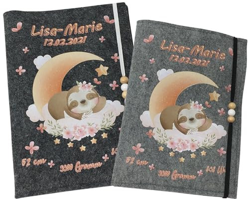 U Heft Hülle und Impfpass aus Filz - Personalisiert mit Namen - Untersuchungsheft Schutzhülle - Babygeschenke zur Geburt - Kinderuntersuchungsheft Mädchen und Junge - Faultier auf Mond