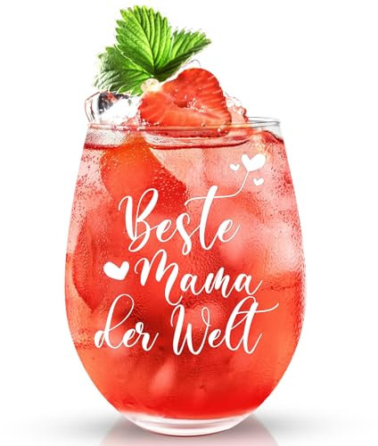 Livole Muttertagsgeschenk, Weihnachtsgeschenke für Mama, Frauen - Beste Mama der Welt - 15oz (450ml) Stammlos Glas, Weingläser ohne Stiel, Rotweinglas