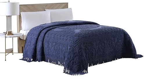 Beatrice Home Fashions Medallion Queen Cotton Chenille Bedspread, Navy