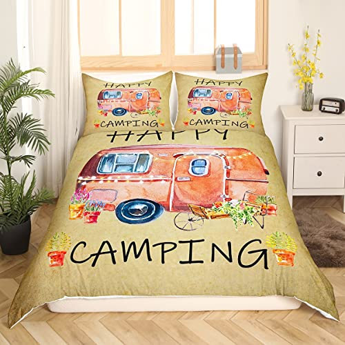 Homewish Aquarell Camper Bettbezug 155 x 220 Happy Camping Bettwäsche Set für Kinder, Jungen, Mädchen, Erwachsene - Niedlicher Rustikaler Bauernhaus Retro Reise Wohnmobil Dekor