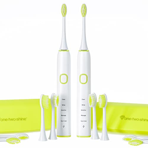 ONE:TWO:SHINE Doppelpack | Schallzahnbürste ONE | 2 elektrische Zahnbürsten mit 8 Aufsteckbürsten + 2 Zungenreinigern + 2 Reise-Etuis + 2 Ladestationen + 2 Netzteilen | lange Akkulaufzeit (Lime-Green)