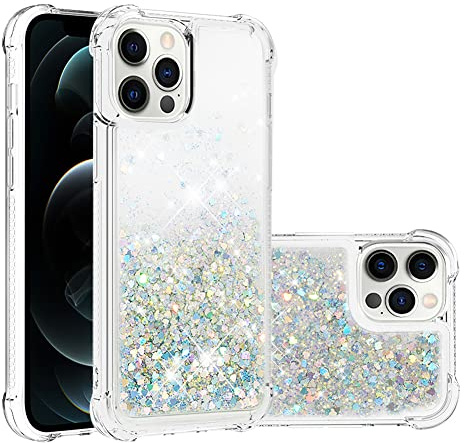 IMEIKONST Glitter Liquid Case for iPhone 12 Pro Max Clear Silver YBW | Sparkly Bling Quicksand Flowing Transparent Cover, TPU Bumper Silicone Shockproof Protective, Lovely Case for Women Girls