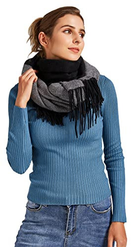VaneriHome Damen Schal Wolle mit klassisches Karo Design und Quaste Winter dicke Deckenschal 70 x 190 cm, Schwarz Grau