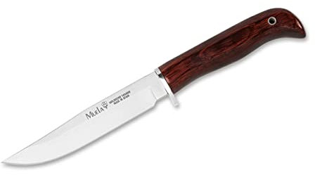 MUELA - GRED-13R. Cuchillo de Caza Muela. Mango de Madera prensada de Coral. Funda Piel. Herramienta para Caza, Pesca, Camping, Outdoor, Supervivencia y Bushcraft.