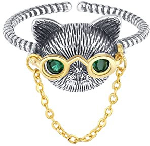 Bellitia Jewelry Damenring 925 Sterling Silber mit Glas, verstellbarer Katzenring für Damen, Einstellbar Cat Ring Schmuck für Damen und Mädchen
