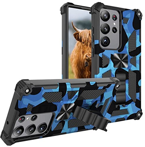 Wigento Für Samsung Galaxy S23 Ultra Stoßfeste Smartphone Hülle Armor Camouflage Blau Shockproof Robustes Smartphone Cover TPU