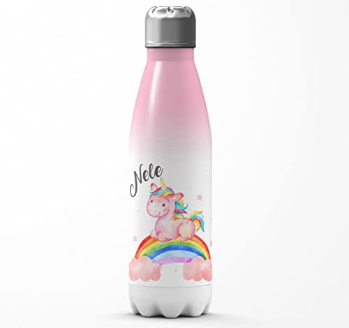 Mikalino Kinder Edelstahl Trinkflasche Niedliches Einhorn auf einem Regenbogen personalisiert mit Wunschname Einschulung Geschenk Thermosflasche Mädchen Junge, Farbe:rosaweiss, Grösse:500ml