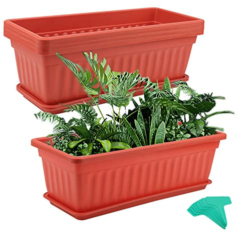 MUKCHAP 4 PCS 43cm/17 Inch Red Plastic Window Box Planter, Rectangular Window Flower Plant Box with Trays and Plant Labels, Rectangular Windowsill Planter for Vegetables