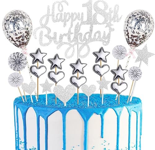 Happy Birthday Cake Topper 18th Silver Glitter Happy 18th Birthday Cake Topper for Boys Girls 23pcs Happy Birthday Sign for Cake Decor Eighteenth Birthday Party Cupcake Topper with Star Heart Balloons