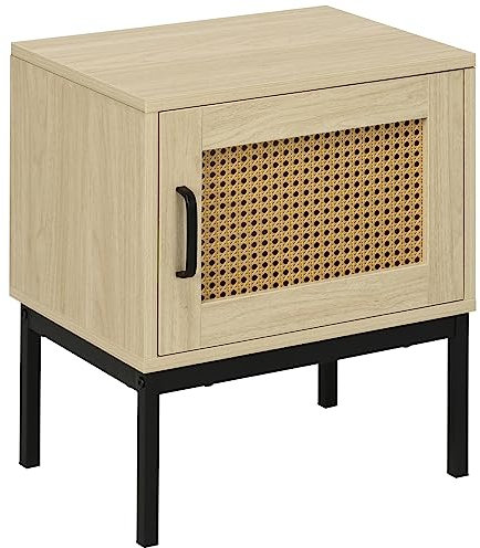 HOMCOM Mesita de Noche con Puerta de Rejilla de Ratán Mesilla de Noche Estilo Boho con Patas de Metal para Salón Dormitorio Sofá 43x30x51 cm Roble