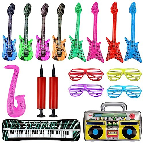 17 Stück Aufblasbare Instrumente Buntes Aufblasbare Gitarre Saxophon Aufblasbares Klavier Aufblasbarer Baß Aufblasbares Radio Gläser + Luftpumpe für Feiern Karneval