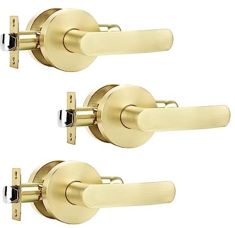 Karlstone 3 Pack Passage Brass Door Knob,Heavy Duty Gold Door Handles in New Paint Technology, Keyless Door Levers for Hallways, Closets etc Round Design