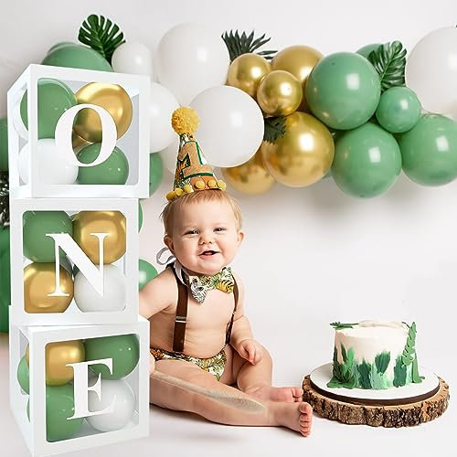 1st Birthday Balloon Box, One Balloon Box, 1st Birthday Party Supplies, 3 Boxes with ONE Letters, Sage Green, Gold and White Balloons