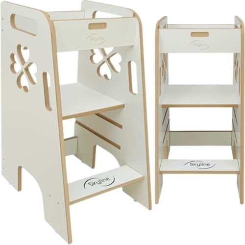 Skyline Steh und Lernturm Baby ab 1 Jahr Montessori Learning Tower Höhenverstellbar Tritthocker Kinder Indoor Möbel Kinderzimmer Trittschemel Kitchen Helper Hochstuhl Faltbarer (Weiß (Glied))