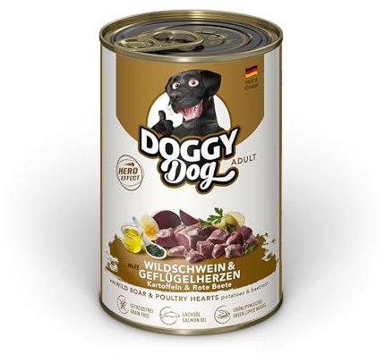 DOGGY Dog Paté Wildschwein & Geflügelherzen, 6 x 400 g, Nassfutter für Hunde, getreidefreies Hundefutter mit Lachsöl & Grünlippmuschel, Alleinfuttermittel mit Kartoffeln & rote Beete, Made in Germany