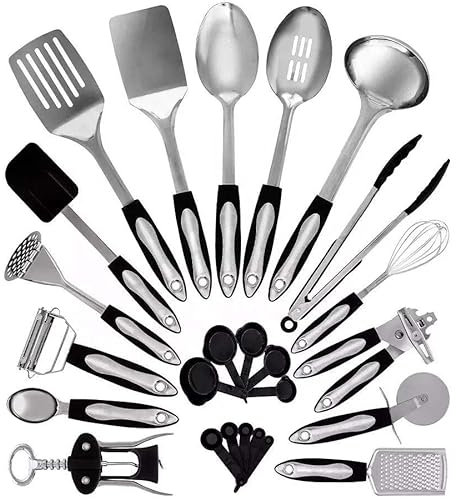 L-SOV 25-Piece Kitchen Utensils Set – Stainless Steel, Silicone – Heat-Resistant Non-Stick Safe Cooking Tools with Holder – Complete Cooking & Baking Gadget Set