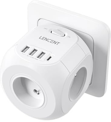 LENTEC Prise Multiprise Murale Cube, 4 Prises 8 en 1 Chargeur USB Multiprise avec 4 Sorties AC, 1 Type C et 3 USB, Electrique Idéal Bureau Chambre Blanc