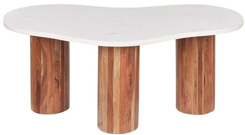 Couchtisch Marmor weiß asymmetrisch mit runden Holzbeinen hellbraun Casablanca
