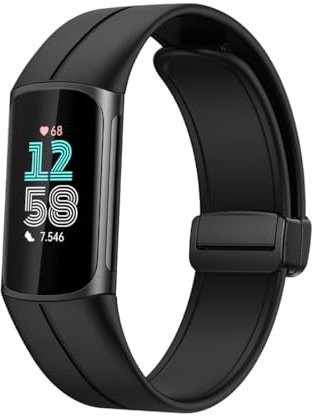 Miimall Magnetic Strap Compatible with Fitbit Charge 6 /Fitbit Charge 5 Strap, Soft Silicone Sport Strap for Women Men, Replacement Adjustable Band for Fitbit Charge 6 / Charge 5 -Black