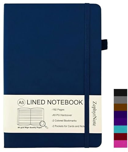 ZephyrNote Notizbuch A5 Liniert Hardcover,Premium 80 GSM Papier,Journal Buch mit 192 Seiten, Innentasche, Stiftschlaufe, elastischer Riemen, Kunstlederbezug, 14.5 x 21.3 cm (Blau)
