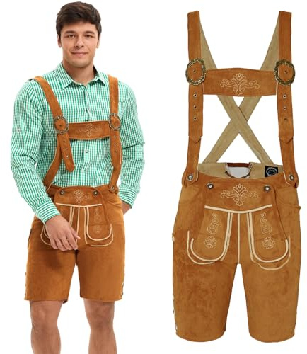 Adisno Lederhose Herren, Trachtenhose Herren, Oktoberfest Lederhose Herren, Oktoberfest Herren Halloween Dress Up(DE/NL/SE/PL, Numerisch, 46, Regular, Regular, Gelb-braun)
