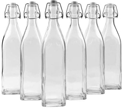 Lucente 1L Vintage Style Clear Square Shaped Bottles with Swing Top Lids