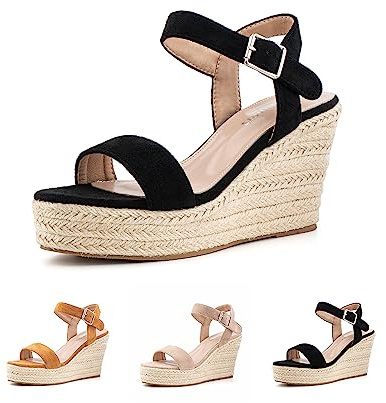 Womens Sandals Wide Fit Platform Ladies Sandals Summer High Heel Wedge Strappy Open Toe Sandals Comfy Slingback Wedding Espadrille Black UK Size 7.5