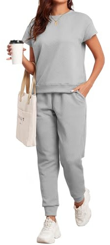 Famulily Loungewear Sets for Women 2 Piece Outfits Crew Neck Cap Sleeve T-Shirts and Joggers with Pockets, Ladies Autumn Clothes Sets Tracksuits (L, Grey)