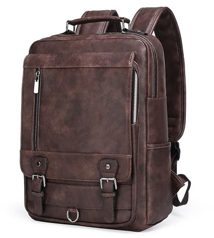 XINYASEE Sac à dos en cuir PU pour hommes, sac à dos de voyage rétro pour l'Europe et les États-Unis, sac à dos multifonctionnel, sac à dos imperméable pour ordinateur portable 15,6 (brun foncé)