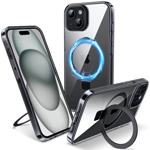 Flyzoo Magnetic Kickstand Case for iPhone 15, [Compatible with MagSafe & Invisible Ring Stand Holder] [Non-Yellowing & Shockproof] Clear Transparent Hard Silicone Edge Cover, 6.1'', Clear Black