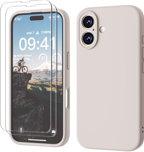 GOODVISH 3 in 1 Silicone Cover per iPhone 16 6.1, Custodia con 2 Pellicola Vetro Temperato [Protezione Fotocamera] 360° Protezione Anticaduta Case per Cellulare Antiurto Resistente, Grigio Pietra