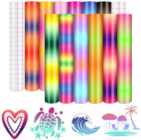 Tintnut Rainbow Ombre Color Permanent Vinyl-12 Pack 12 x10 Adhesive Vinyl Sheets Set, Self Adhesive Vinyl Sheets for Cutting Machine?Outdoor Permanent Vinyl Sheets for Party Decoration, DIY Mug