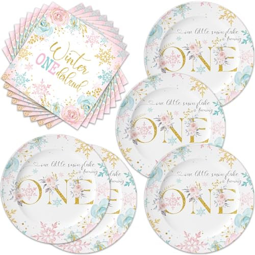Frypeas 40pcs Snowflake Winter Onederland 1st Birthday Party Supplies，A Little 1st Birthday Party Tableware for Winter Onederland Snowflake Baby Girl First Birthday Party Decor (pink one)