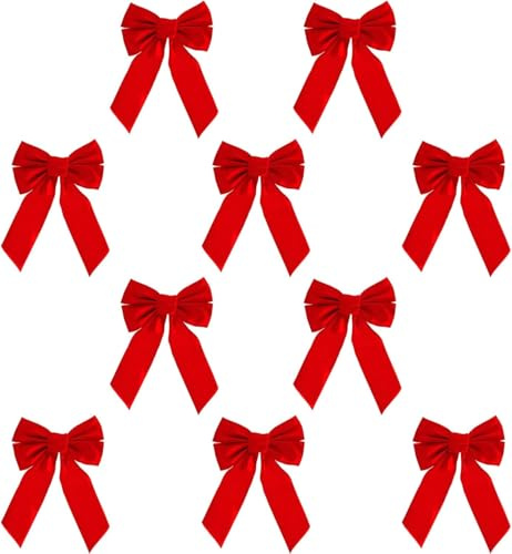 10 rote Samt-Weihnachtskranz-Schleifen, 22,9 cm B x 33 cm L, Weihnachtsschleifen, Weihnachtsdekoration, Urlaubsdekoration für den Innen- und Außenbereich, ideal für Weihnachtsgirlande, große Geschenke