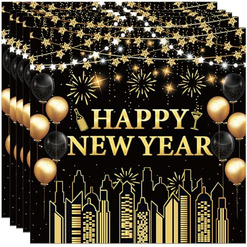 24 Stück Servietten Silvester Tischdeko, Neujahr Servietten Schwarz Gold, Happy New Year Deko 2025, Silvester Deko Tisch, für Weihnachten Neujahrs Party Ideen Dekoration